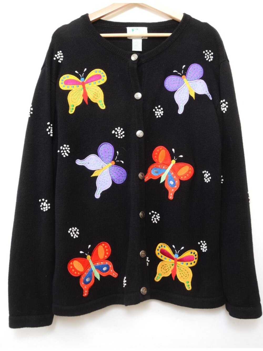 VTG Quacker Factory Womens Large Black Embroidered Butterfly Cardigan Sweater